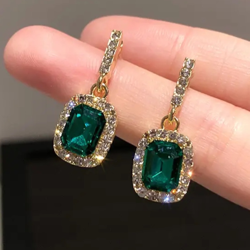 Gold-Plated Emerald Green Halo Drop Earrings